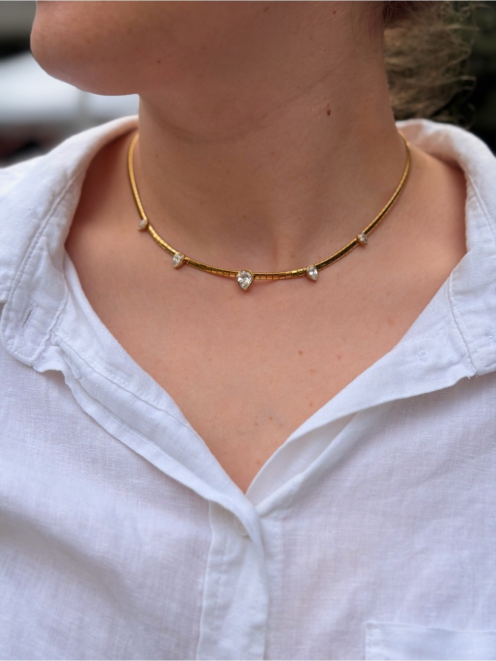 Gold Choker Necklace with Pear and Round Cubic Zirconia Accents